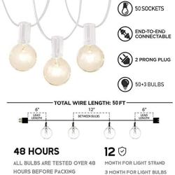 Afirst Outdoor String Lights 50 Ft with 52 Globe Bulbs Patio String Lights UL Certification Weatherproof Outdoor Hanging Lights for Garden/Backyard Party/Wedding-White Cord