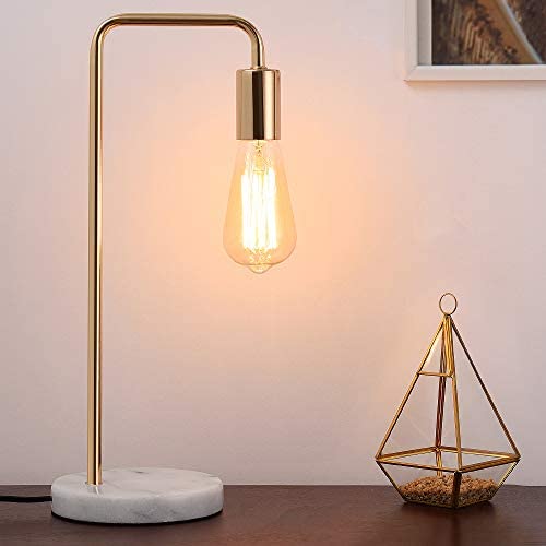 Desk Lamp, Gold Table Lamp Industrial Nightstand Lamp, Edison Lamp with White Marble Base for Bedside, Living Room, Bedroom, Office, Dresser, Collage Dorm Room