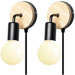 KIRIN Plug in Wall Sconce with Cord E26/27 Base Contemporary Style Wooden Rotatable Light Fixture for Bedroom, Closet, Guest Room Hall Night Lighting Reading Lamp (2 Pack on/Off Black)