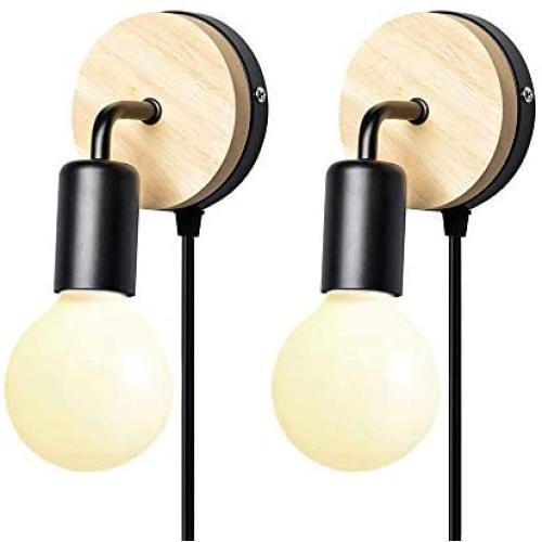 KIRIN Plug in Wall Sconce Set of Two, Bedroom Wall Lights with Cord E26/27 Base for Bedroom, Closet, Guest Room Hall Night Reading Lamp Dimmable (Black)