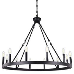 Wellmet 12-Light Black Wagon Wheel Chandelier Diam 38 inch, Farmhouse Industrial Country Style Large Round Pendant Light Fixture for Dining Room, Kitchen Island