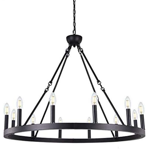Wellmet 12-Light Black Wagon Wheel Chandelier Diam 38 inch, Farmhouse Industrial Country Style Large Round Pendant Light Fixture for Dining Room, Kitchen Island