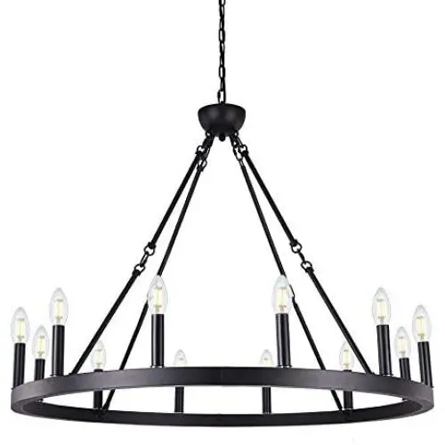 Wellmet 12-Light Black Wagon Wheel Chandelier Diam 38 inch, Farmhouse Industrial Country Style Large Round Pendant Light Fixture for Dining Room, Kitchen Island