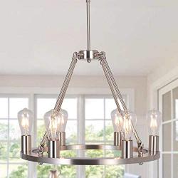 OSAIRUOS Wagon Wheel Vintage 6 Lights Nickel Kitchen Island Rustic Pendant Chandelier Farmhouse Rod Iron Chandeliers Ceiling Light Fixture for Dining Living Room Cafe Hallways W22 (Bulbs Included)