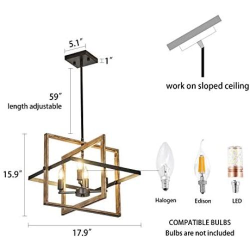 Dining Room Lighting Fixtures Hanging, 4 Lights with Imitation Wood Grain and Matte Black Finish, Farmhouse Chandelier for Kitchen Island, Entryway and Living Room