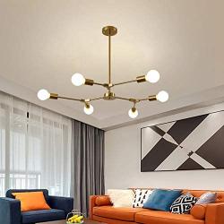 Garwarm Sputnik Chandelier Modern 6 Lights Brushed Brass Pendant Lighting Gold Mid Century Ceiling Light Fixture for Dining Room Living Room Kitchen