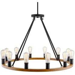 Kira Home Jericho 35'' 12-Light Large Rustic Farmhouse Wagon Wheel Chandelier, Round Kitchen Island Light, Textured Black Accents + Warm Oak Wood Style Finish