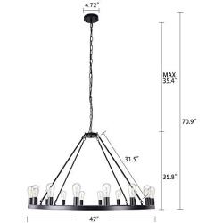 Wellmet Matte Black Wagon Wheel Chandelier 16-Light Diam 47 inch, Farmhouse Rustic Industrial Country Style Large Round Pendant Light Fixture for Dining Room, Living Room