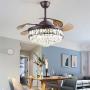 Crystal Ceiling Fan light with Remote Control Blades Retractable Ceiling Chandelier Fan 3 color Temperature Modern Invisible Ceiling Fan with Light for Dining Room Bedroom 42” Brown Silent Motor