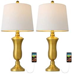 Oneach Modern USB Table Lamps Set of 2 for Living Room 25'' Nightstand Lamp with Fabric Drum Shade Ambient Light for Bedroom Office Antique Brass