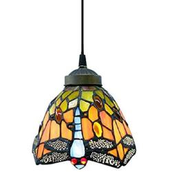 Vintage Tiffany Style Mini Pendant Light - LITFAD 7'' Wide Pendant Lamp Highlights Vivid Dragonfly Chandelier for Kitchen Island Barn Restaurant Hotel