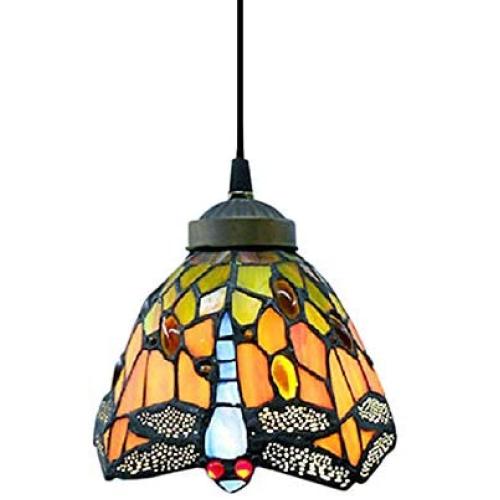Vintage Tiffany Style Mini Pendant Light - LITFAD 7'' Wide Pendant Lamp Highlights Vivid Dragonfly Chandelier for Kitchen Island Barn Restaurant Hotel