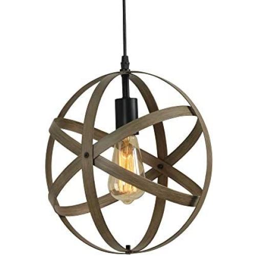 AncientHome 1-Light Metal Farmhouse Lamp, Faux Wood Pendant Lighting, Vintage Hanging Ceiling Light Fixture for Dining Room, Kitchen Island, Entryway, Stairwell, Barnwood and Oil Rubbed Bronze Finish