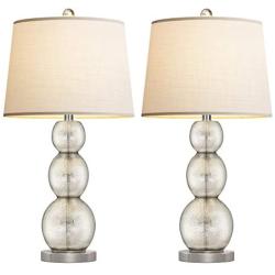 Oneach Modern Table Lamps Set of 2 for Living Room Bedside Lamp with Glass Triple Gourd White Drum Shade Bedroom 26.8'' Study Lamps Mercury Silver