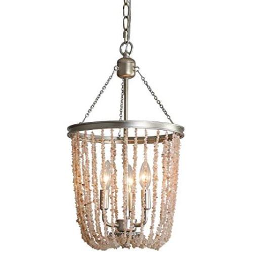 Beaded 3-Light Pendant Chandeliers 22'' Light Fixture with Stones Beads Shade in Rustic Silver Metal Finish Kitchen Island Orb Chandelier Foyer Lighting Indoor Home Decor Dining Room Light Fixtures