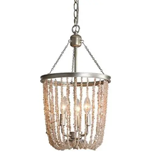 Beaded 3-Light Pendant Chandeliers 22'' Light Fixture with Stones Beads Shade in Rustic Silver Metal Finish Kitchen Island Orb Chandelier Foyer Lighting Indoor Home Decor Dining Room Light Fixtures