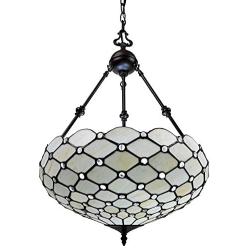 Amora Lighting Tiffany Style Hanging Lamp Jeweled Chandelier 18'' Wide Stained Glass White Antique Vintage Light Decor Restaurant Game Living Dining Room Kitchen Gift AM1117HL18B