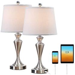 Capslpad Table Lamps Set of 2 for Living Room Modern White Bedside Table Lamps with 2 USB Ports Nightstand Lights for Bedroom Guest Room Study Room (Nickel Finish-22 Inches)