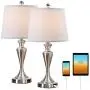 Capslpad Table Lamps Set of 2 for Living Room Modern White Bedside Table Lamps with 2 USB Ports Nightstand Lights for Bedroom Guest Room Study Room (Nickel Finish-22 Inches)