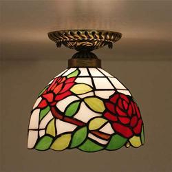 Tiffany Style Stained Glass Ceiling Lamp 8 Inch Green Leaves Red Rose Art Shade Flush Mount Ceiling Light for Living Room Bedroom Hotel Corridor