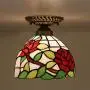 Tiffany Style Stained Glass Ceiling Lamp 8 Inch Green Leaves Red Rose Art Shade Flush Mount Ceiling Light for Living Room Bedroom Hotel Corridor