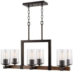 Kira Home Brentwood 30'' 6-Light Rustic Kitchen Island Light Pendant Chandelier + Seeded Glass Shades, Wood Style Linear Metal Frame, Oil Rubbed Bronze + Walnut Style Finish