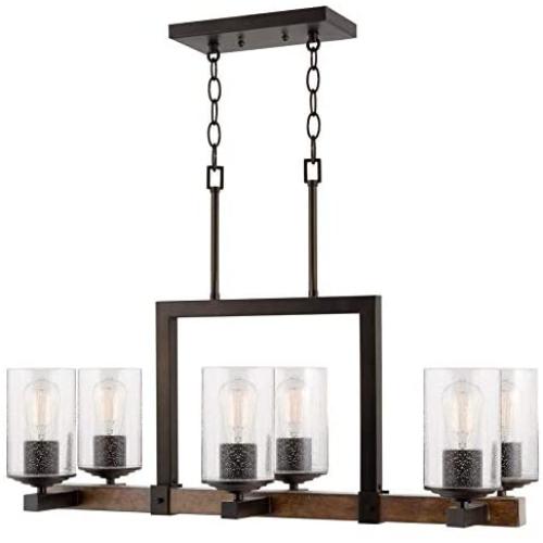 Kira Home Brentwood 30'' 6-Light Rustic Kitchen Island Light Pendant Chandelier + Seeded Glass Shades, Wood Style Linear Metal Frame, Oil Rubbed Bronze + Walnut Style Finish