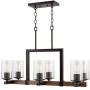 Kira Home Brentwood 30'' 6-Light Rustic Kitchen Island Light Pendant Chandelier + Seeded Glass Shades, Wood Style Linear Metal Frame, Oil Rubbed Bronze + Walnut Style Finish