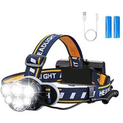 Rechargeable Headlamp, OUTERDO 6 LED 8 Modes USB Rechargeable HeadLight with 2 Batteries, Waterproof LED Head Torch Rechargeable Headlamp Flashlight for Camping, Cellar,fishing, Outdoors