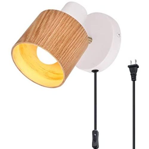 TeHenoo Plug in Wall Lamp Wooden Wall Sconce, White Wall Light with Cord Rotatable Wall Light Fixture for Bedroom Living Room Bedside Lamp