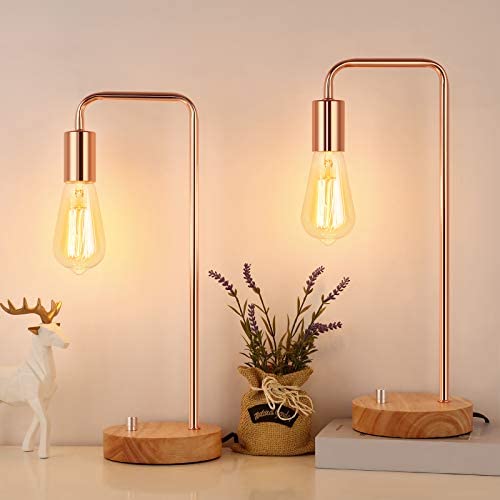 Edison Desk Lamps, Bedside Industrial Table Lamps Set of 2, Vintage Small Wooden Minimalist Nightstand Lamps for Bedroom, Living Room, Reading Room, Cafe - Rose Gold