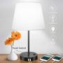 Touch Control Table Lamp, 3 Way Dimmable Bedside Desk Lamps with 2 USB Charging Ports &amp; AC Outlet, White Fabric Shade Nightstand Lamp for Bedroom Living Room, 60W 5000K Daylight LED Bulb Included