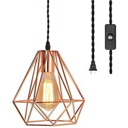 EFINEHOME Vintage Industrial Rose Gold Pyramid Metal Cage Pendant Light with 15 Toggle Switch Black Fabric Plug-in Cord 1-Light Hanging Lamp Loft Rustic Home Decor (Plug-in)