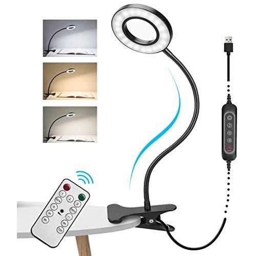 Clip on Reading Light, TASMOR 40 LED USB Clamp Desk Lamp 3 Color Modes 5 Brightness Desk Light with Remote 8W Eye Protection Clip Book Night Light Flexible Gooseneck Bed Light with Auto Off Timer