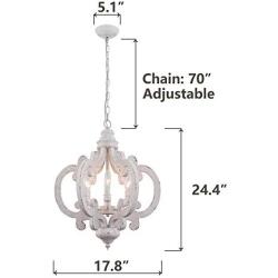 Cottage 6-Light Candle Wooden Chandelier, Distressed White Wood Chandelier Traditional French Country Crown Pendant Light 6-Lights, Adjustable Chain, for Dining Room, Foyer and Living Room