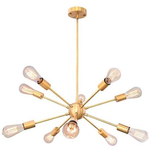 KOSTOMO Sputnik Chandeliers 10 Lights Brushed Brass Ceiling Light Modern Pendant Lighting Gold Industrial Vintage Fixture Dining Kitchen Island Bedroom Lighting （10 Lights-Brass）