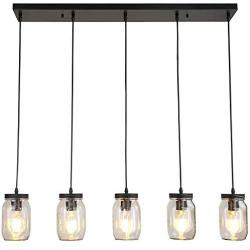 PUUPA 5 Lights Farmhouse Kitchen Lighting, Adjustable Glass Mason Jar Hanging Pendant Light Fixtures for Dining Room Living Room Cafe Pub Kitchen Island