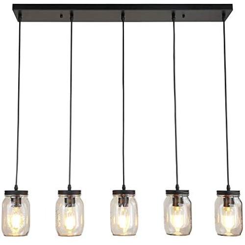 PUUPA 5 Lights Farmhouse Kitchen Lighting, Adjustable Glass Mason Jar Hanging Pendant Light Fixtures for Dining Room Living Room Cafe Pub Kitchen Island