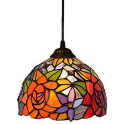 Tiffany Style Pendant Lights 8-Inch Roses Stained Glass Chandeliers Lampshade Hanging Light Fixtures Ceiling Lamp for Living Room Dining Rooms Kitchen