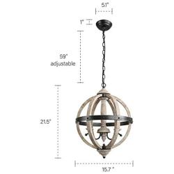 Farmhouse Chandelier Light Fixture, Dining Room Lighting Fixtures Hanging in Distressed Wood Finish, 15.7'' Dia Orb Chandelier for Living Room, Kitchen Island, Entryway, Bedroom