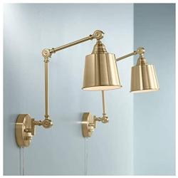 Mendes Modern Swing Arm Wall Lamps Set of 2 Antique Brass Plug-in Light Fixture Adjustable Up Down Metal Shade for Bedroom Bedside Living Room Reading - 360 Lighting