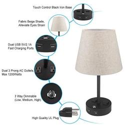 Table Lamps for Bedrooms Set of 2, Dimmable Nightstand Lamp, 3 Way Touch Control Bedside Lamp with USB Port and Outlet, USB Lamp Fabric Shade for Living Room Office E26 ST64 LED Bulb Included 2 Pack