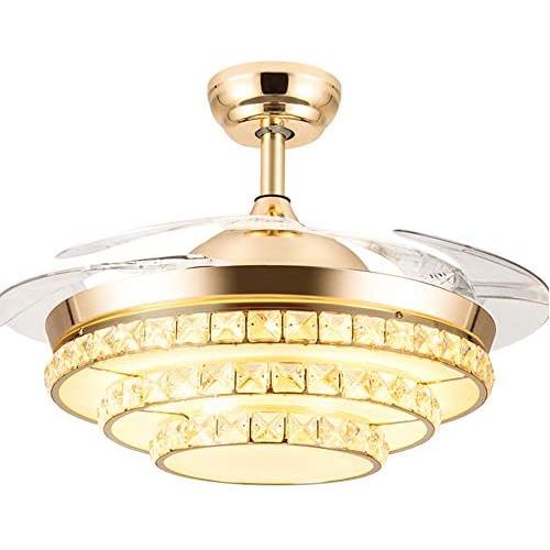 42''Crystal Invisible Ceiling Fans with Lights and Remote,Retractable 3-Color 3-Speed LED Silent Modern Fan Chandelier Lighting for Decorative Living Room (Gold)