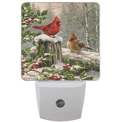 Vdsrup Winter Cardinal Birds Night Light Set of 2 Holly Berry Branches Snow Plug-in LED Nightlights Christmas Decorations Auto Dusk-to-Dawn Sensor Lamp for Bedroom Bathroom Kitchen Hallway Stairs
