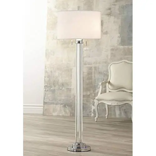Cadence Modern Floor Lamp Steel Crystal Glass Column Linen Drum Shade for Living Room Reading Bedroom Office - Possini Euro Design Cadence Modern Floor Lamp Steel Crystal Glass Column Linen Drum Shade for Living Room Reading Bedroom Office - Possini Euro Design