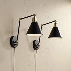 Wray Modern Wall Lamp Plug-in Set of 2 Black and Antique Brass for Bedroom Reading Living Room - 360 Lighting
