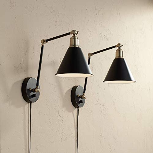 Wray Modern Wall Lamp Plug-in Set of 2 Black and Antique Brass for Bedroom Reading Living Room - 360 Lighting