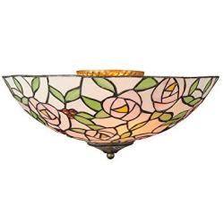 SUSUO Romanticism Style Colorful Stained Glass Flush Mount Ceiling Fixture with Pink Rose Pattern Art Deco Ceiling Light for Bedroom Living Room Hallway Kitchen