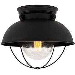 Kira Home Bayside 11'' Nautical Farmhouse Flush Mount Ceiling Light + Seeded Glass Shade, Matte Black Finish