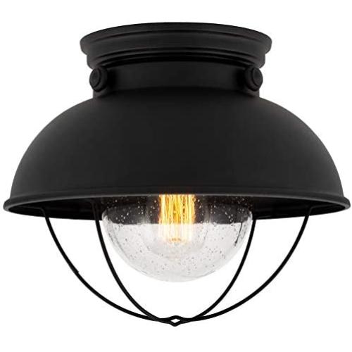 Kira Home Bayside 11'' Nautical Farmhouse Flush Mount Ceiling Light + Seeded Glass Shade, Matte Black Finish